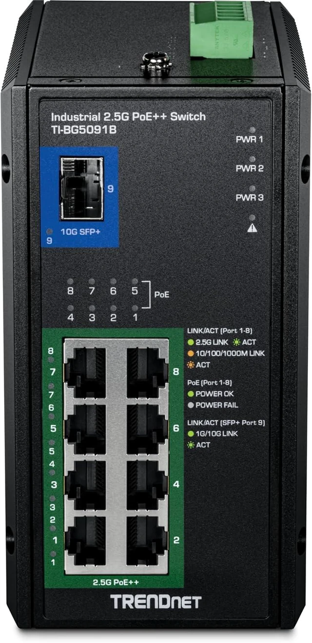 Alt view image 5 of 7 - TI-BG5091B,9-Port Industrial 2.5G DIN-Rail PoE++ Switch,with 10G SFP+ Port (24 57V), 8 x 2.5G PoE++ Ports, 1 x 10G SFP+ Port, 480W PoE, 60Gbps Switch Capacity, Black