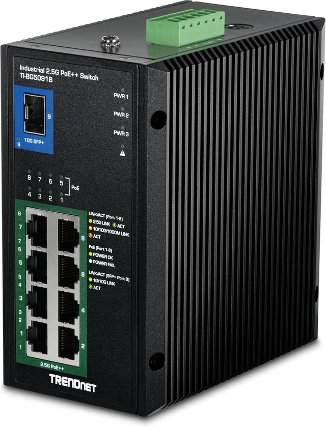 Main image of TI-BG5091B,9-Port Industrial 2.5G DIN-Rail PoE++ Switch,with 10G SFP+ Port (24 57V), 8 x 2.5G PoE++ Ports, 1 x 10G SFP+ Port, 480W PoE, 60Gbps Switch Capacity, Black