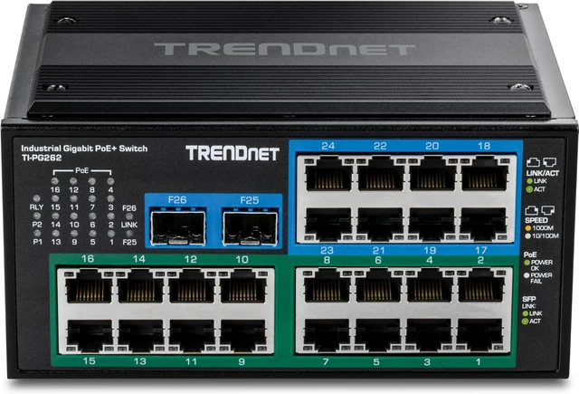 Alt view image 7 of 7 - 26-Port Hardened Industrial Gigabit PoE+ DIN-Rail Switch,TI-PG262,16 x Gigabit PoE+ Ports, 8 x Gigabit RJ-45 Ports, 2 x SFP Ports, IP30, Lifetime Protection, Black