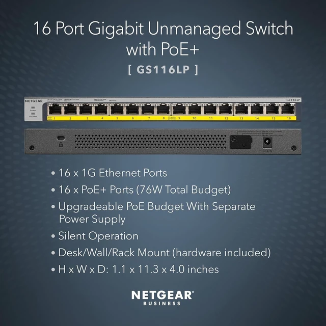Alt view image 3 of 7 - 16-Port PoE Gigabit Ethernet Unmanaged Network Switch (GS116LP),16 x PoE+ Ports @ 76W Upgradeable, Desktop, Wall Mount or Rack Mount
