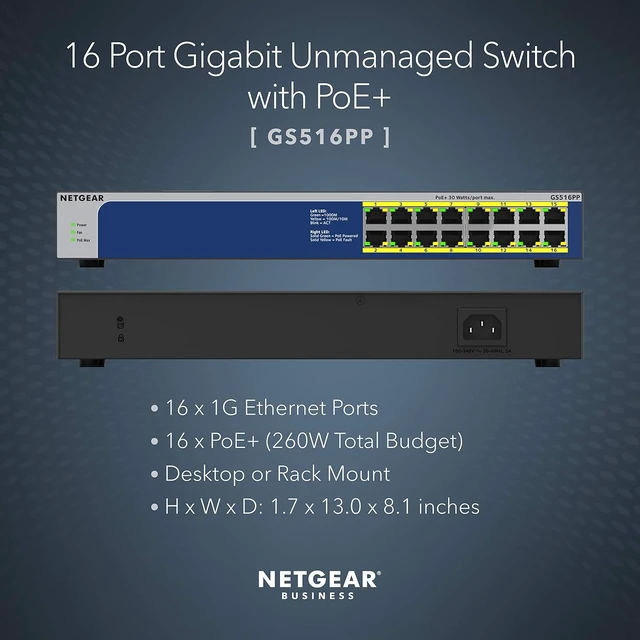 Alt view image 2 of 6 - 16-Port PoE Gigabit Ethernet Unmanaged Network Switch (GS516PP),16 x PoE+ Ports @ 260W, Desktop or Rack Mount