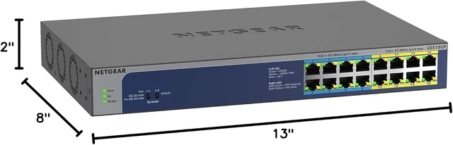 Alt view image 5 of 7 - 16-Port PoE Gigabit Ethernet Unmanaged Network Switch (GS516UP),8 x PoE+ and 8 x Ultra60 PoE++ Ports, Desktop or Rack Mount