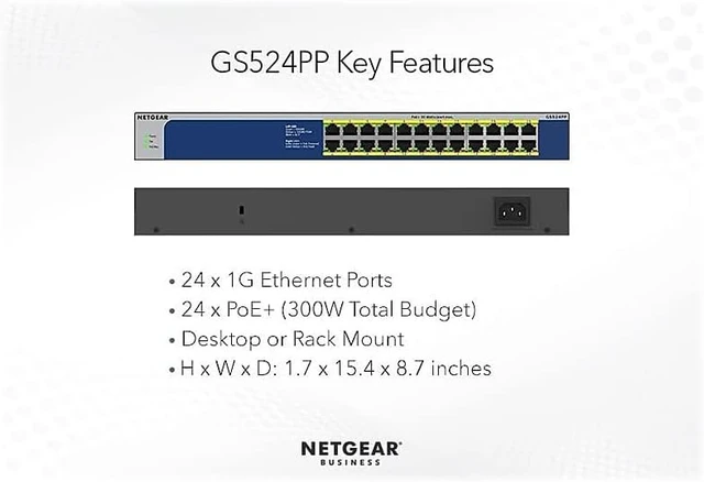 Alt view image 5 of 7 - 24-Port PoE Gigabit Ethernet Unmanaged Network Switch (GS524PP),24 x PoE+ Ports @ 300W, Desktop or Rack Mount