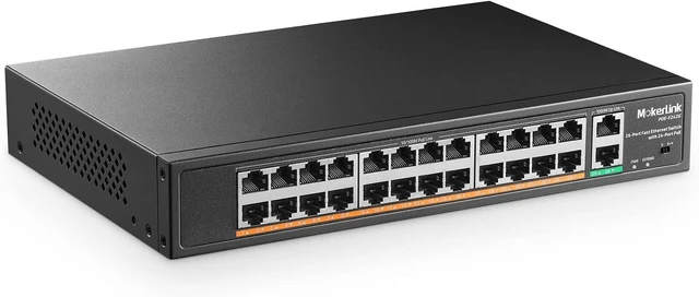 Main image of MokerLink 24 Port PoE Switch with 2 Gigabit Uplink Ethernet Port, 400W High Power, Support IEEE802.3af/at, Rackmount Unmanaged Plug and Play PoE+