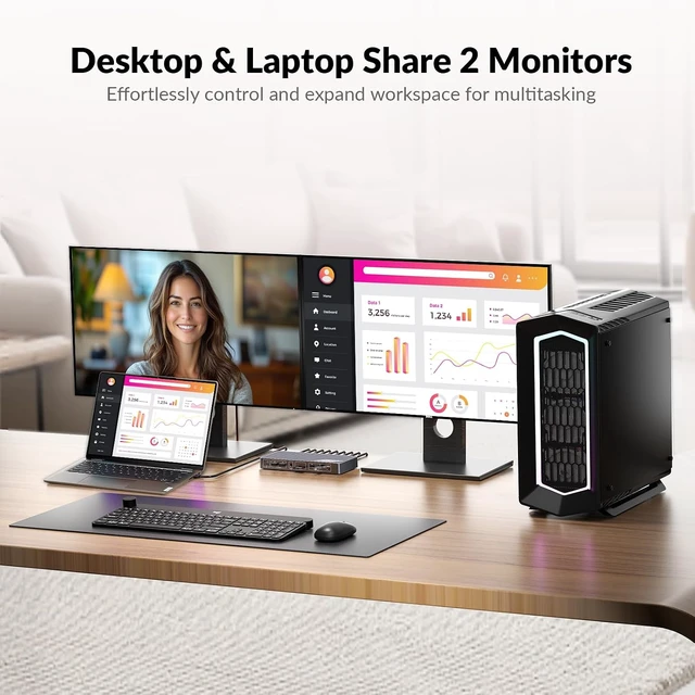 Alt view image 4 of 7 - AV Access KVM Switch 2 Monitors 2 Computers, 8K KVM Docking Station,100W PD, 1G Ethernet, 10Gbps, 4K@165Hz, 8K@60Hz, Dual Monitor KVM Switch for Laptop & Desktop, Ideal for Work & Gaming Setups