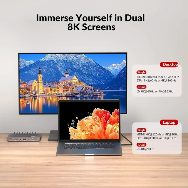 Alt view image 2 of 7 - AV Access KVM Switch 2 Monitors 2 Computers, 8K KVM Docking Station,100W PD, 1G Ethernet, 10Gbps, 4K@165Hz, 8K@60Hz, Dual Monitor KVM Switch for Laptop & Desktop, Ideal for Work & Gaming Setups