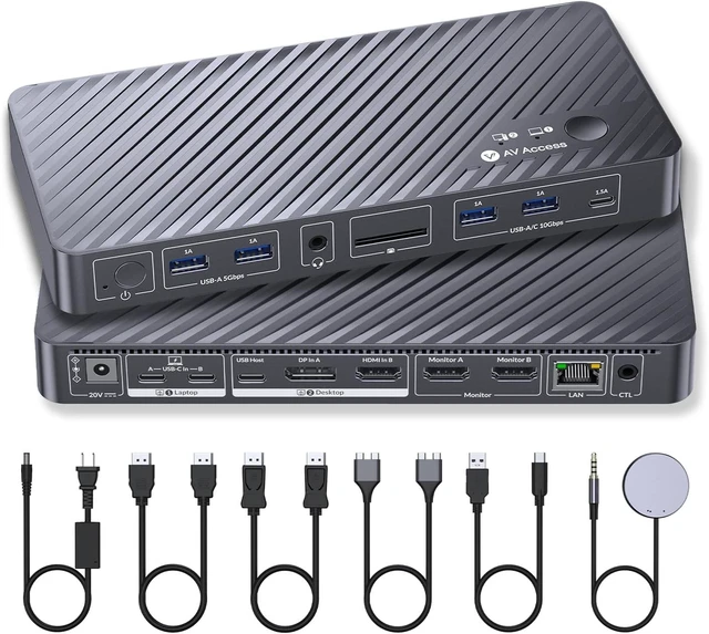 Main image of AV Access KVM Switch 2 Monitors 2 Computers, KVM Dock for MacBook & PC,Dual 4K@60Hz, 100W PD, 1G Ethernet, 10Gbps USB, EDID Emulation, Plug & Play KVM Docking Station for Dual-Monitor Workspaces