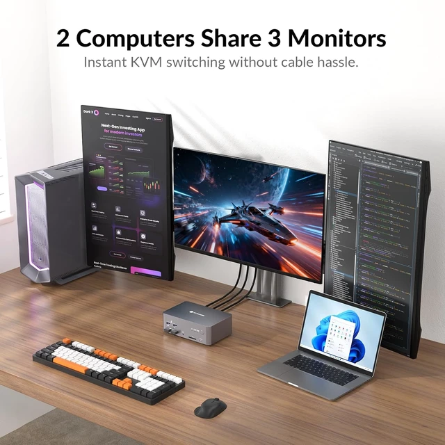 Alt view image 3 of 7 - AV Access 8K KVM Switch 3 Monitors 2 Computers, KVM Docking Station,8K@60Hz, 4K@165Hz, 100W PD, 10Gbps USB Hub, 1GbE, Triple Monitor KVM for Laptop & Desktop PC, Ideal for Work & Gaming