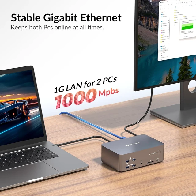 Alt view image 7 of 7 - AV Access 8K KVM Switch 3 Monitors 2 Computers, KVM Docking Station,8K@60Hz, 4K@165Hz, 100W PD, 10Gbps USB Hub, 1GbE, Triple Monitor KVM for Laptop & Desktop PC, Ideal for Work & Gaming