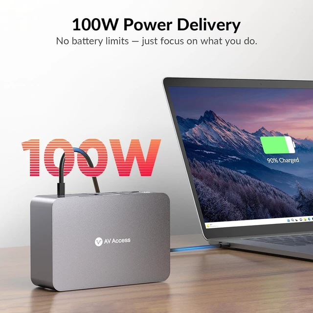 Alt view image 5 of 7 - AV Access 8K KVM Switch 3 Monitors 2 Computers, KVM Docking Station,8K@60Hz, 4K@165Hz, 100W PD, 10Gbps USB Hub, 1GbE, Triple Monitor KVM for Laptop & Desktop PC, Ideal for Work & Gaming