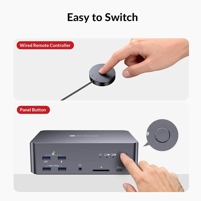 Alt view image 4 of 7 - AV Access 8K KVM Switch 3 Monitors 2 Computers, KVM Docking Station,8K@60Hz, 4K@165Hz, 100W PD, 10Gbps USB Hub, 1GbE, Triple Monitor KVM for Laptop & Desktop PC, Ideal for Work & Gaming