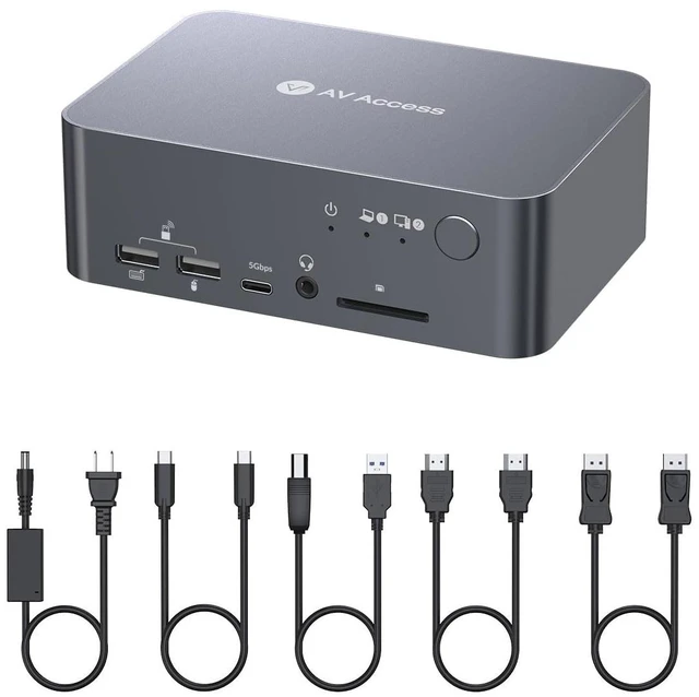 Main image of AV Access KVM Switch Docking Station 2 Monitors 2 Computers, 60W Charging,Gigabit Ethernet, 4K@60Hz, 1080p@240Hz, EDID, USB 3.0, Dual Monitor KVM Switch for Laptop & Desktop PC, Ideal for Home Office