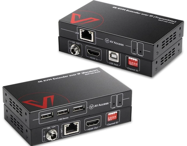 Main image of AV Access 4K HDMI USB KVM Extender TCP/IP Over Single Cat5e/6/6a/7 to 390ft,1080P@120Hz, Plug & Play, Keyboard & Mouse Over Network, Zero Latency, 3 Ports USB Hub, DIP up to 16 Sets