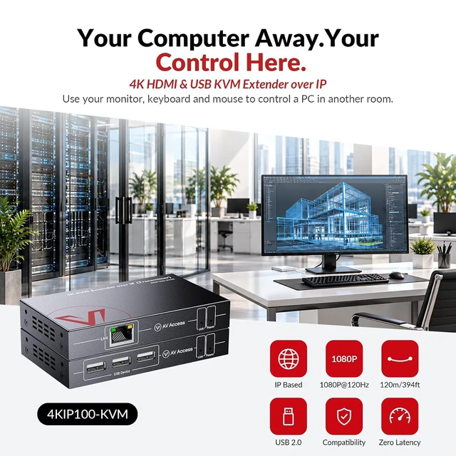 Alt view image 3 of 7 - AV Access 4K HDMI USB KVM Extender TCP/IP Over Single Cat5e/6/6a/7 to 390ft,1080P@120Hz, Plug & Play, Keyboard & Mouse Over Network, Zero Latency, 3 Ports USB Hub, DIP up to 16 Sets