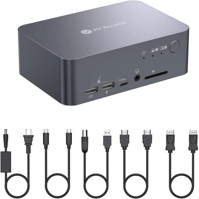 Main image of AV Access KVM Switch 2 Monitors 2 Computers, KVM Dock for Laptop & Desktop,4K@60Hz, EDID, 60W USB C Charging, 5 USB-A, SD, Audio & Gigabit Ethernet, Dual Monitor KVM Switch for Home Office