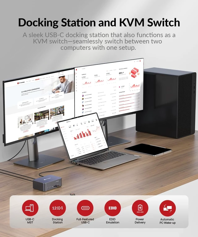 Alt view image 6 of 7 - AV Access KVM Switch 2 Monitors 2 Computers, KVM Dock for Laptop & Desktop,4K@60Hz, EDID, 60W USB C Charging, 5 USB-A, SD, Audio & Gigabit Ethernet, Dual Monitor KVM Switch for Home Office