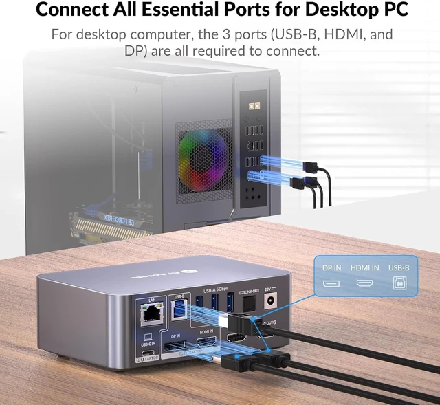 Alt view image 3 of 7 - AV Access KVM Switch 2 Monitors 2 Computers, KVM Dock for Laptop & Desktop,4K@60Hz, EDID, 60W USB C Charging, 5 USB-A, SD, Audio & Gigabit Ethernet, Dual Monitor KVM Switch for Home Office