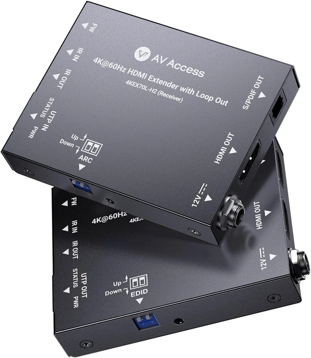 Main image of AV Access 4K60Hz HDMI Extender Over Cat6/7 Ethernet Balun 230ft 18Gbps,HDR10, Loop Out, 4K@60Hz 4:4:4 8bit, 1080P@120Hz, HDMI2.0, HDCP2.3, PoC, IR, EDID, ARC, Dolby Atmos, HDMI Over CAT5