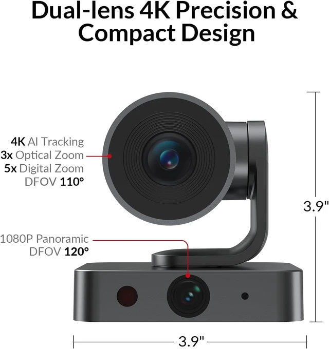 Alt view image 4 of 7 - All-in-One Conference System: 4K Dual Lens Webcam + Bluetooth Speakerphone,AI Framing & Presenter Tracking PTZ Camera, 15x Zoom, 3x Optical, 360° Mic, Zoom/Teams/Webex Compatible for Meeting Room