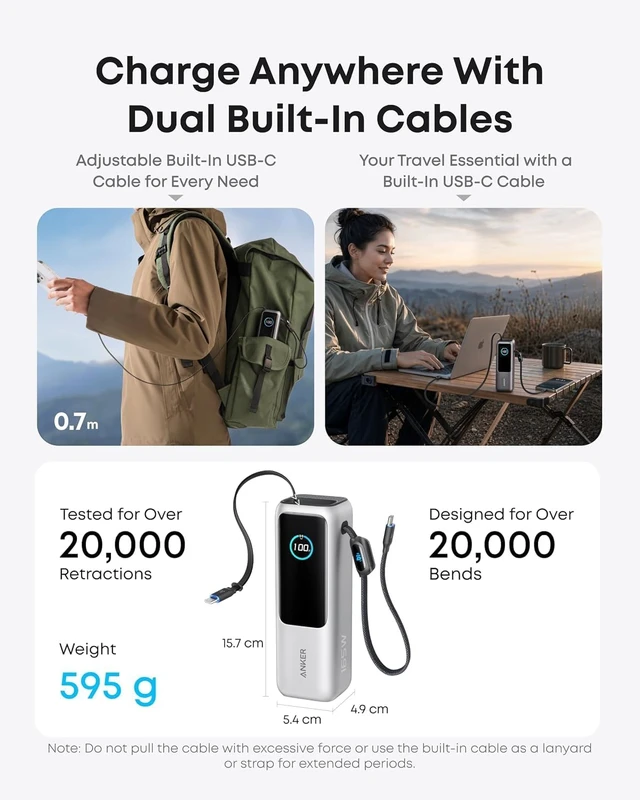 Alt view image 4 of 7 - Laptop Power Bank, 25,000mAh Travel Essential with 165W Total Output,3 USB-C Ports with 100W Max Each, Built-In Retractable Cables, Flight-Ready, for iPhone 17 Series, MacBook, and More