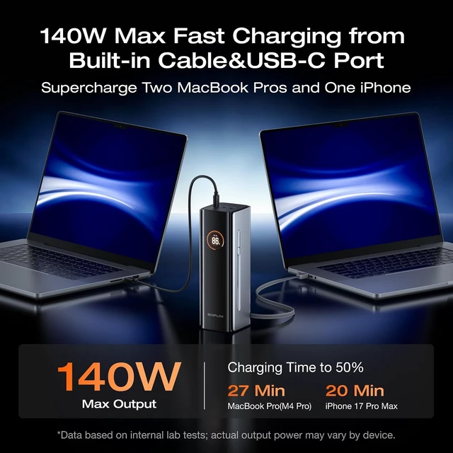 Alt view image 7 of 7 - ECOFLOW Rapid Pro X Power Bank, 27650mAh 4-Part with 300W Output, Portable Charger with 140W Built-in Cable, for MacBook, iPhone, Laptops, and More