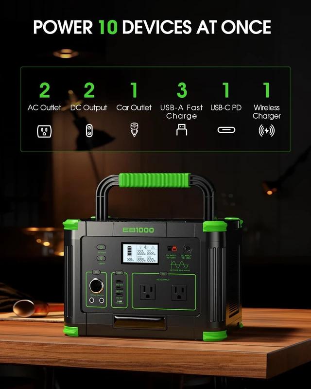 Alt view image 3 of 7 - Portable Power Station 1000W 999Wh Solar Generator for Outdoor Camping,with 120V Pure Sine Wave AC Outlet, 60W USB-C PD, 10 Ports for Emergency Travel Fishing RV Van Home Backup (Peak 2000W)