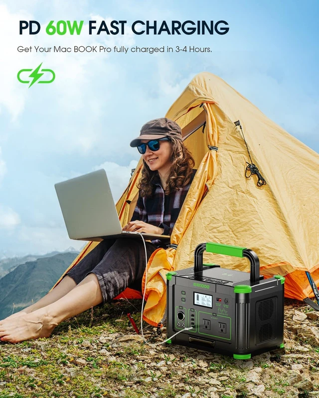Alt view image 4 of 7 - Portable Power Station 1000W 999Wh Solar Generator for Outdoor Camping,with 120V Pure Sine Wave AC Outlet, 60W USB-C PD, 10 Ports for Emergency Travel Fishing RV Van Home Backup (Peak 2000W)