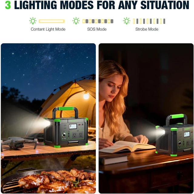 Alt view image 5 of 7 - Portable Power Station 1000W 999Wh Solar Generator for Outdoor Camping,with 120V Pure Sine Wave AC Outlet, 60W USB-C PD, 10 Ports for Emergency Travel Fishing RV Van Home Backup (Peak 2000W)