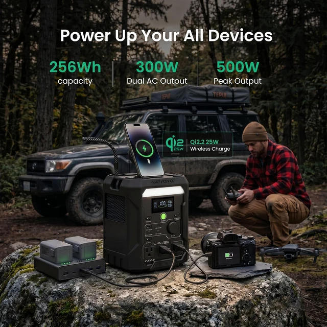 Alt view image 2 of 7 - N300 Portable Power Station, 300W 256Wh LiFePO4 Battery,9 Charging Ports with Qi2.2 25W Wireless Charging,140W Solar Input, <10ms UPS for Outdoors,Camping,Travel,Home Backup,Fishing
