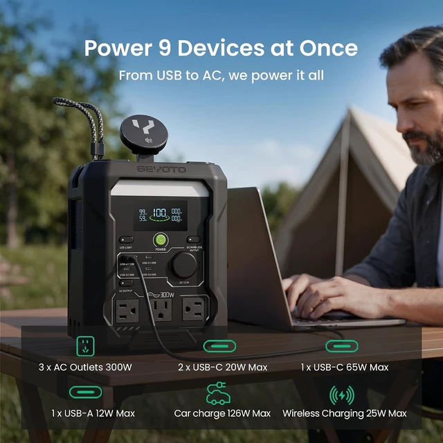 Alt view image 3 of 7 - N300 Portable Power Station, 300W 256Wh LiFePO4 Battery,9 Charging Ports with Qi2.2 25W Wireless Charging,140W Solar Input, <10ms UPS for Outdoors,Camping,Travel,Home Backup,Fishing