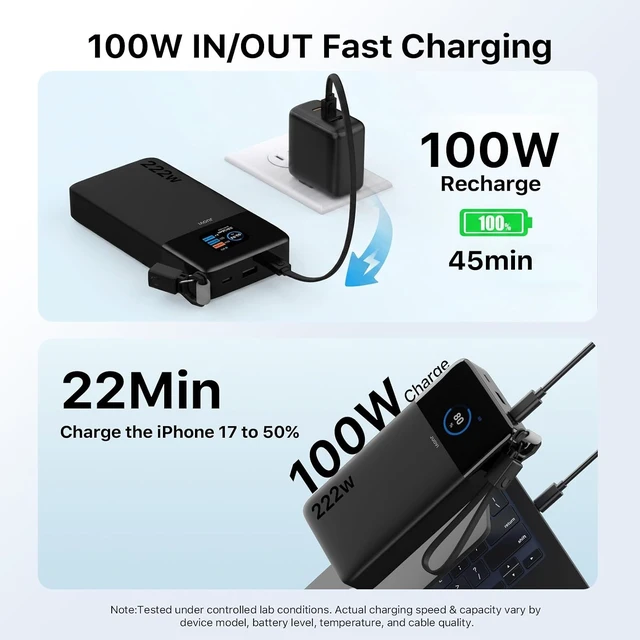 Alt view image 5 of 6 - 222W Portable Charger for Laptop Power Bank 25000mAh with USB-C Cable,TSA-Approved, App Control,Fast Charging Battery Pack for Laptop MacBook Dell XPS iPhone 17/16/15/14 Series Samsung and More