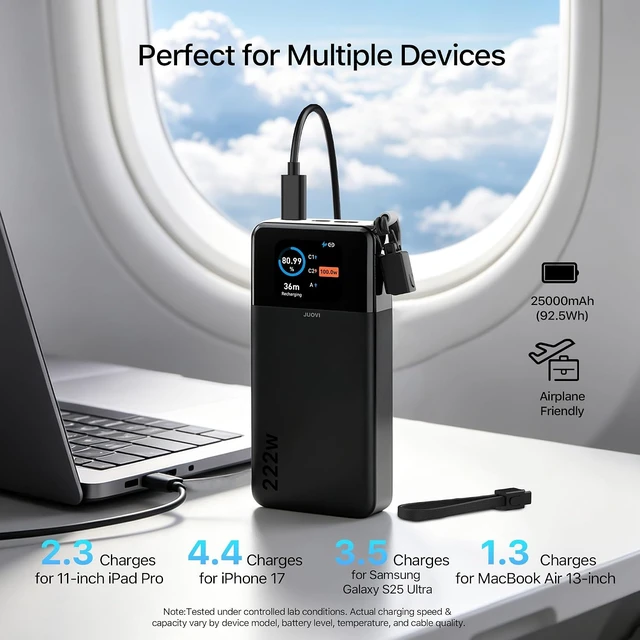Alt view image 2 of 6 - 222W Portable Charger for Laptop Power Bank 25000mAh with USB-C Cable,TSA-Approved, App Control,Fast Charging Battery Pack for Laptop MacBook Dell XPS iPhone 17/16/15/14 Series Samsung and More