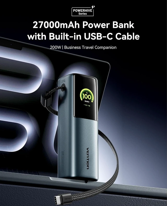 Alt view image 4 of 7 - 27000mAh Laptop Power Bank, 200W, Built-in and Extra 240W USB-C Cables, Portable Laptop Charger, Digital Display, for iPhone 18/17/16/15/14 Pro Max, MacBook, Dell, HP, Galaxy S26, Gray