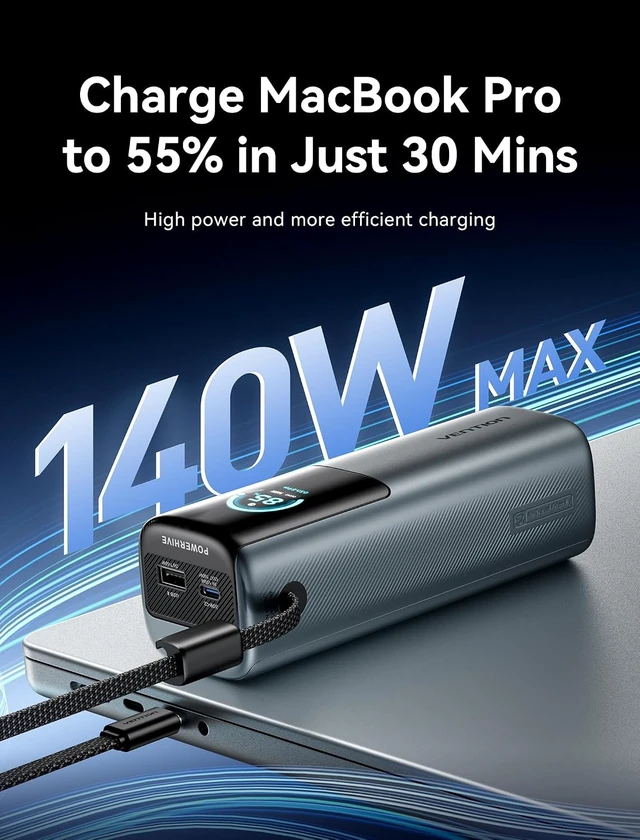 Alt view image 3 of 7 - 27000mAh Laptop Power Bank, 200W, Built-in and Extra 240W USB-C Cables, Portable Laptop Charger, Digital Display, for iPhone 18/17/16/15/14 Pro Max, MacBook, Dell, HP, Galaxy S26, Gray