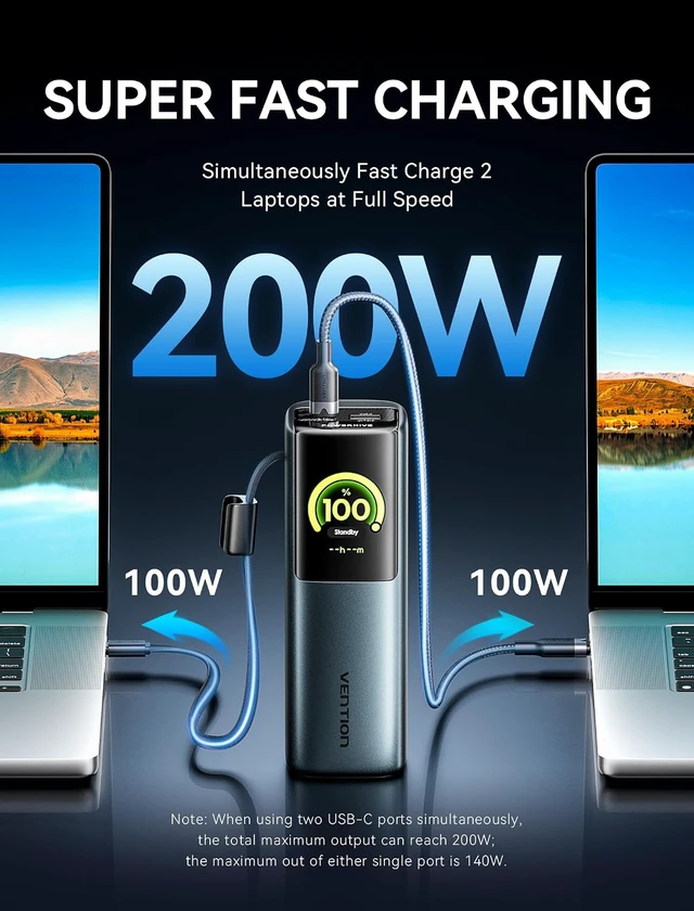 Alt view image 5 of 7 - 27000mAh Laptop Power Bank, 200W, Built-in and Extra 240W USB-C Cables, Portable Laptop Charger, Digital Display, for iPhone 18/17/16/15/14 Pro Max, MacBook, Dell, HP, Galaxy S26, Gray