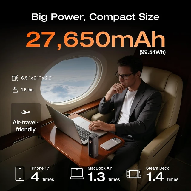 Alt view image 3 of 7 - Rapid Pro X Power Bank, 27650mAh 4-Part with 300W Output, Portable Charger with 140W Built-in Cable, for MacBook, iPhone, Laptops, and More