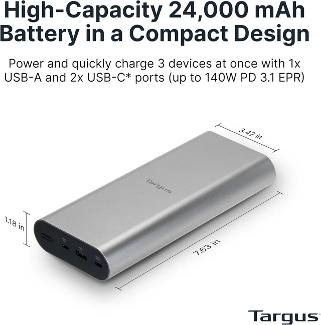 Alt view image 7 of 7 - 140W USB-C Portable Power Bank 24,000mAh High-Capacity Battery, PD 3.1 EPR Fast Charging, Airline-Safe, Charge 3 Devices - APB081GLZ