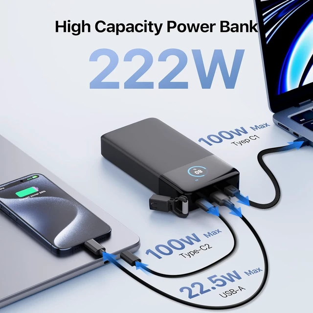 Alt view image 4 of 7 - 222W Laptop Power Bank 25000mAh Portable Charger with Detachable USB-C Cable