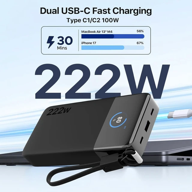 Alt view image 3 of 7 - 222W Laptop Power Bank 25000mAh Portable Charger with Detachable USB-C Cable