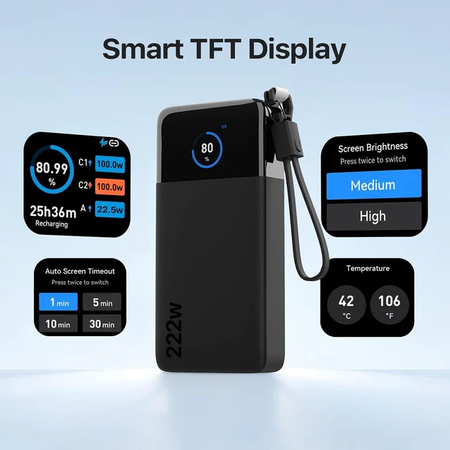 Alt view image 2 of 7 - 222W Laptop Power Bank 25000mAh Portable Charger with Detachable USB-C Cable