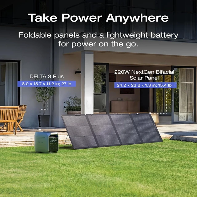 Alt view image 2 of 7 - Solar Generator DELTA 3 Plus with 220W Bifacial Panel, 1024Wh,LFP(LiFePO4) Battery, 1800W AC/140W USB-C Output, Portable Power Station for Home Backup Power, Camping & RVs
