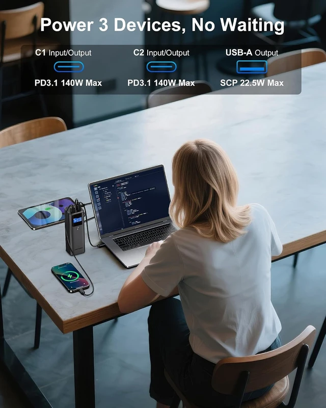 Alt view image 6 of 7 - Laptop Power Bank, 27,600mAh 162.5W PD3.1 Charging Aluminum Unibody,TFT Portable Charger Power Bank, 99.36Wh Battery Bank for MacBook Pro/Air/iPhone 17/iPad/S26 Ultra/Dell/HP (Flight-Approved)