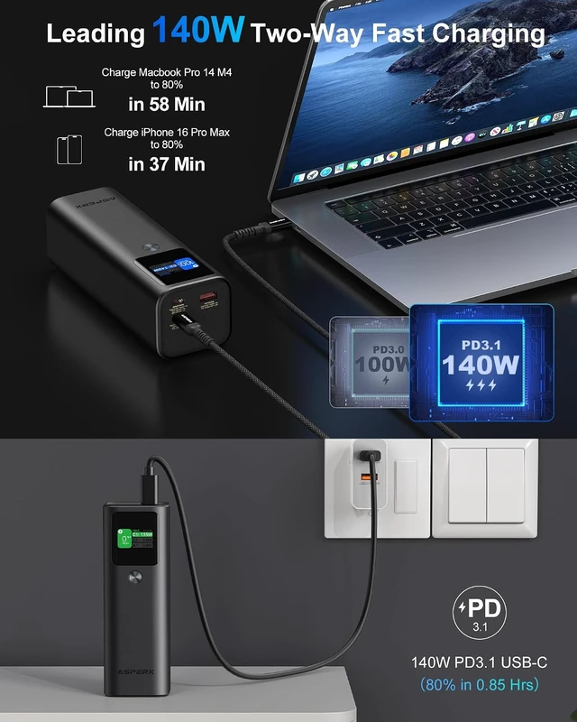 Alt view image 2 of 7 - Laptop Power Bank, 27,600mAh 162.5W PD3.1 Charging Aluminum Unibody,TFT Portable Charger Power Bank, 99.36Wh Battery Bank for MacBook Pro/Air/iPhone 17/iPad/S26 Ultra/Dell/HP (Flight-Approved)