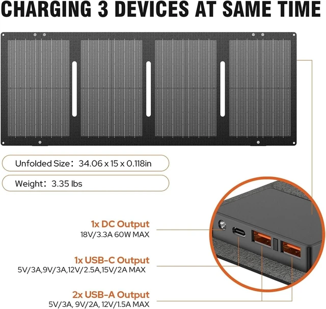Alt view image 5 of 7 - Portable Solar Generator 300W Portable Power Station with 60W Solar Panel,110V Pure Sine Wave 280Wh Battery Solar Power Pack with USB QC3.0 DC AC Outlet for Camping Smart Device RV Van Outdoor-Orange