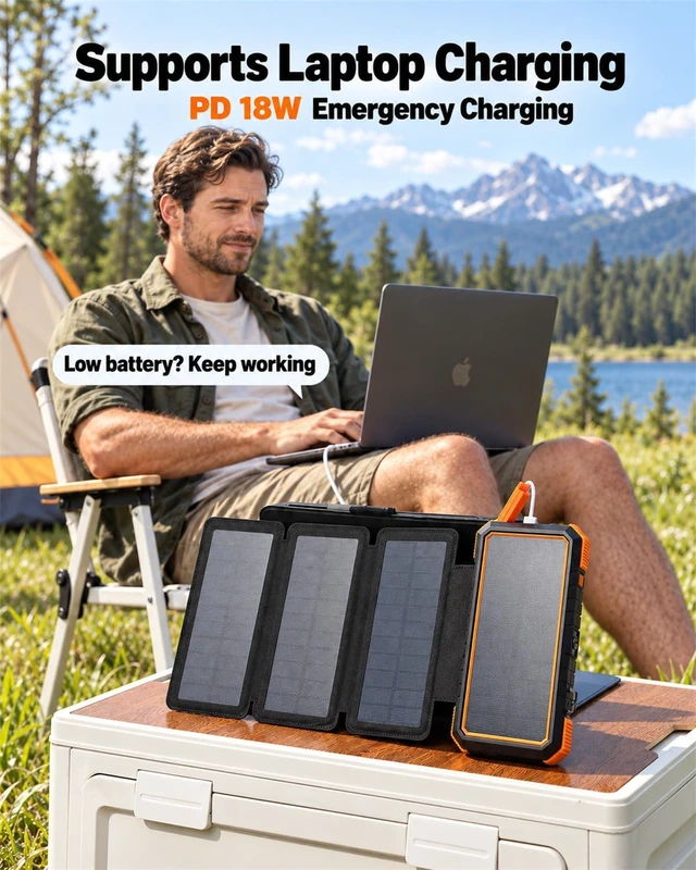 Alt view image 5 of 7 - BLAVOR Solar Power Bank 20,000mAh Portable Charger with 4 Foldable Panels,PD 18W Fast Charging USB-C,IPX5 Waterproof,Camping Light,Flashlight,Compass,Solar Charger for Camping
