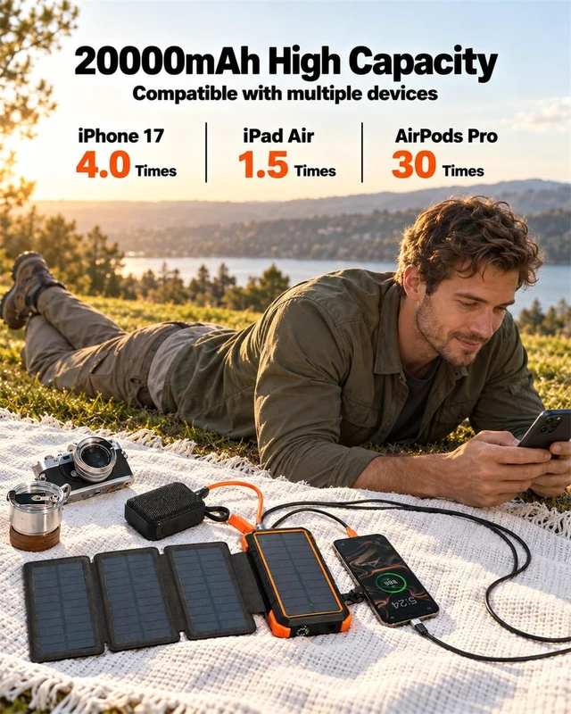 Alt view image 7 of 7 - BLAVOR Solar Power Bank 20,000mAh Portable Charger with 4 Foldable Panels,PD 18W Fast Charging USB-C,IPX5 Waterproof,Camping Light,Flashlight,Compass,Solar Charger for Camping