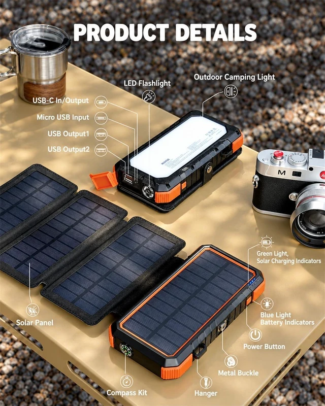 Alt view image 2 of 7 - BLAVOR Solar Power Bank 20,000mAh Portable Charger with 4 Foldable Panels,PD 18W Fast Charging USB-C,IPX5 Waterproof,Camping Light,Flashlight,Compass,Solar Charger for Camping