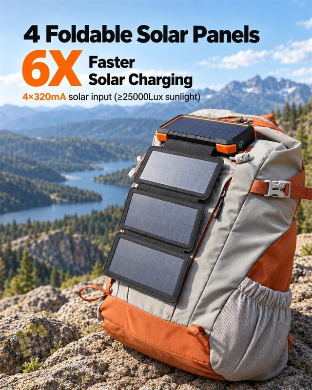 Alt view image 4 of 7 - BLAVOR Solar Power Bank 20,000mAh Portable Charger with 4 Foldable Panels,PD 18W Fast Charging USB-C,IPX5 Waterproof,Camping Light,Flashlight,Compass,Solar Charger for Camping