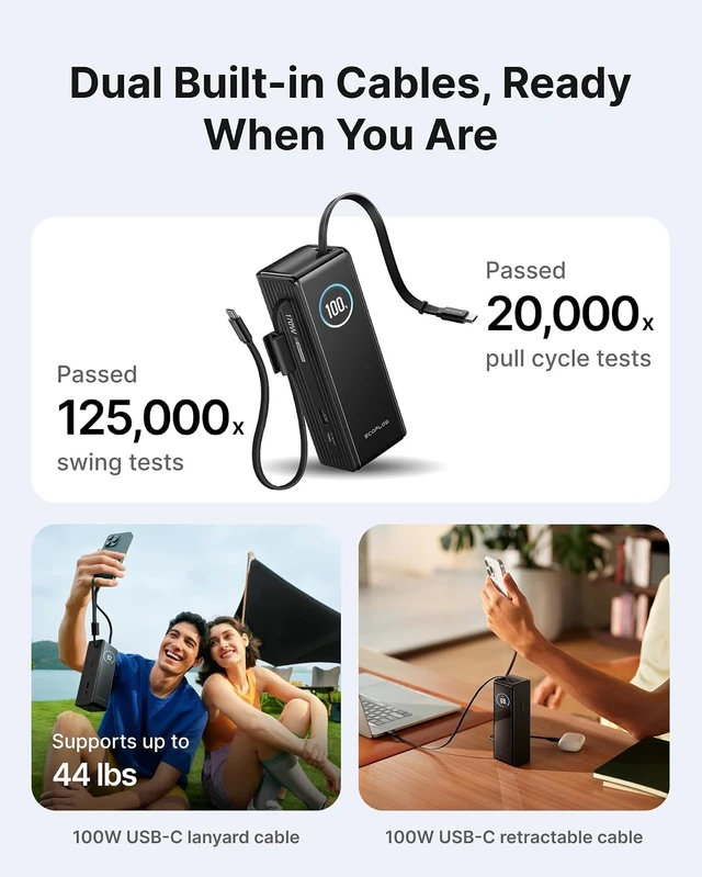 Alt view image 5 of 7 - Laptop Power Bank, 25000mAh Rapid Portable Charger, Triple 100W USB-C Ports, Built-in Retractable Cables, Fast Charging for iPhone 17/16 Series, MacBook, Samsung and More