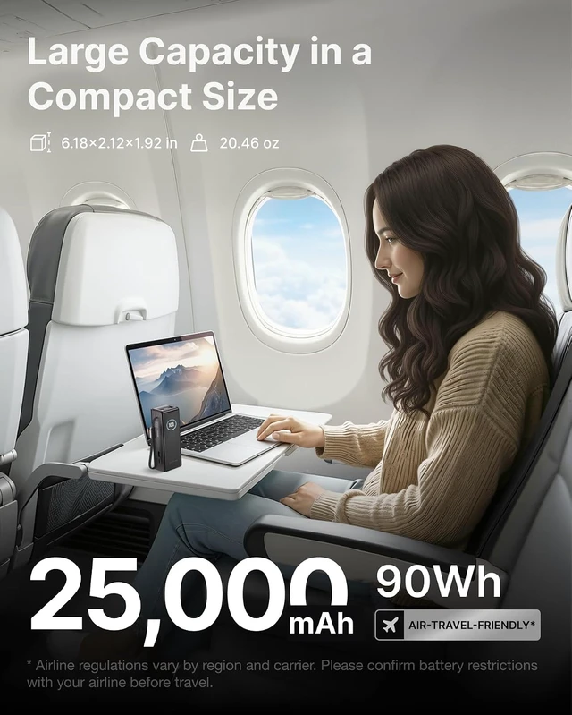Alt view image 3 of 7 - Laptop Power Bank, 25000mAh Rapid Portable Charger, Triple 100W USB-C Ports, Built-in Retractable Cables, Fast Charging for iPhone 17/16 Series, MacBook, Samsung and More